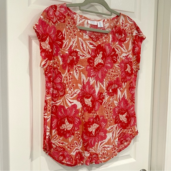 Sigrid Olson 100% Linen Floral Pink Orange Short Sleeve Round Neck Blouse Sz L - Picture 4 of 12